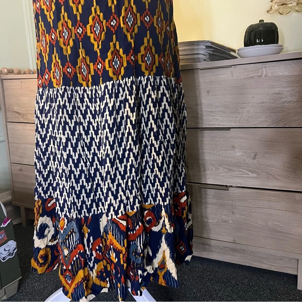 Navy Mixed Tribal & Chevron Print Midi Maxi Flowy Boho Relaxed Fit Skirt Sz XL - Picture 4 of 15